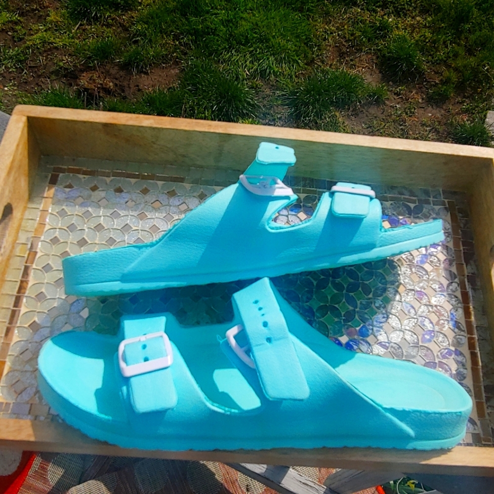 Solid Blue Aqua Turquoise Double Strap Platform A… - image 1